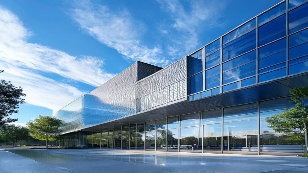 A finished modern institutional building with architectural metal panels under a clear sky.