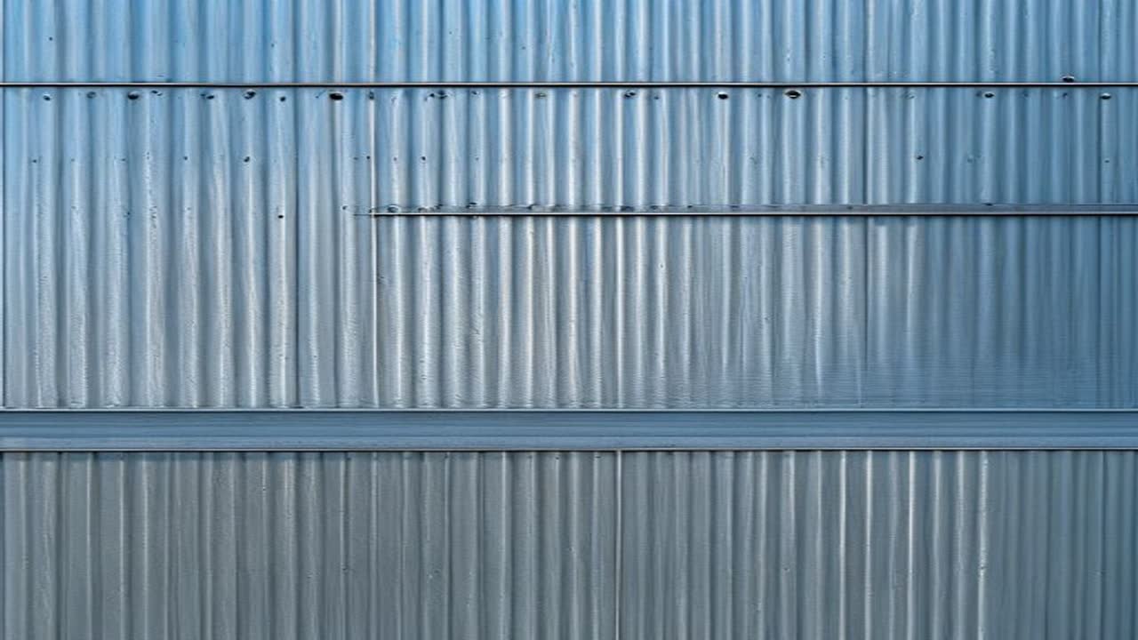 Close-up of corrugated metal cladding panels on a commercial building.
