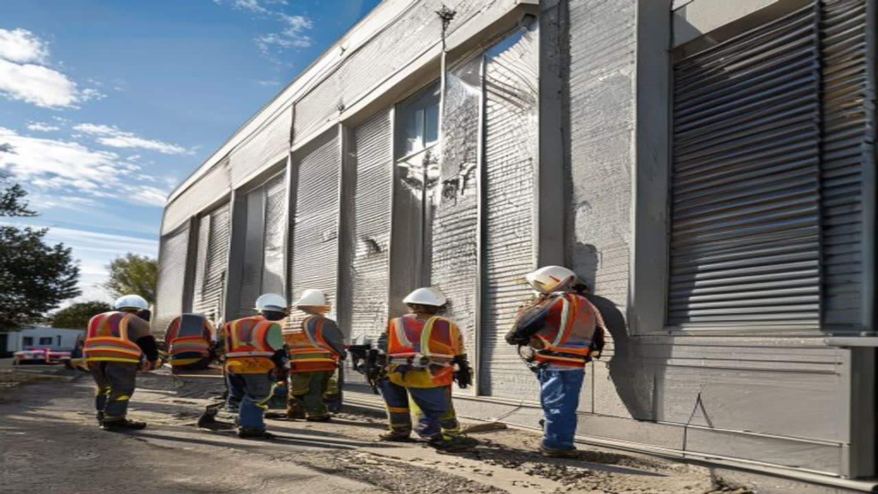 A construction crew installing metal siding on a commercial building.