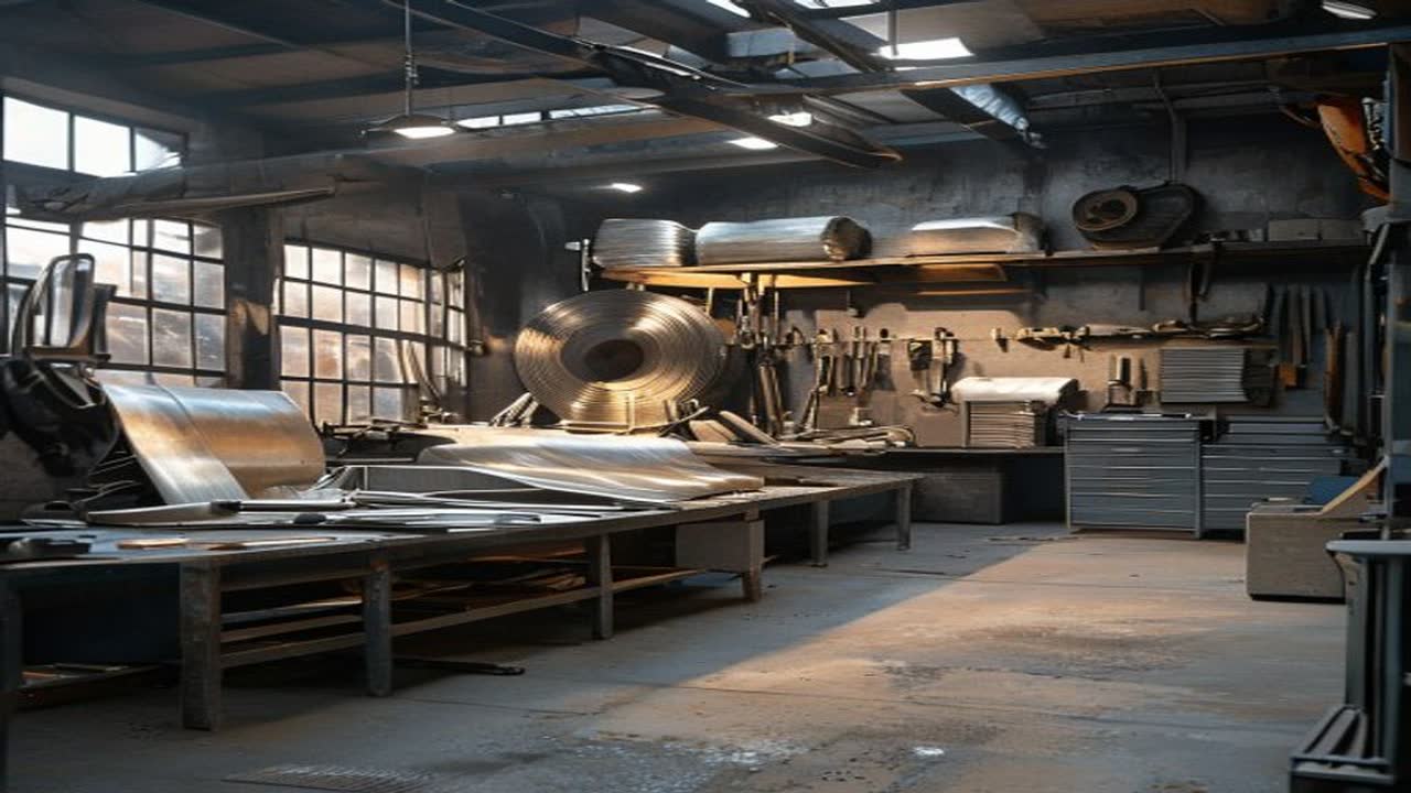 Custom metal fabrication workshop with sheet metal and tools.
