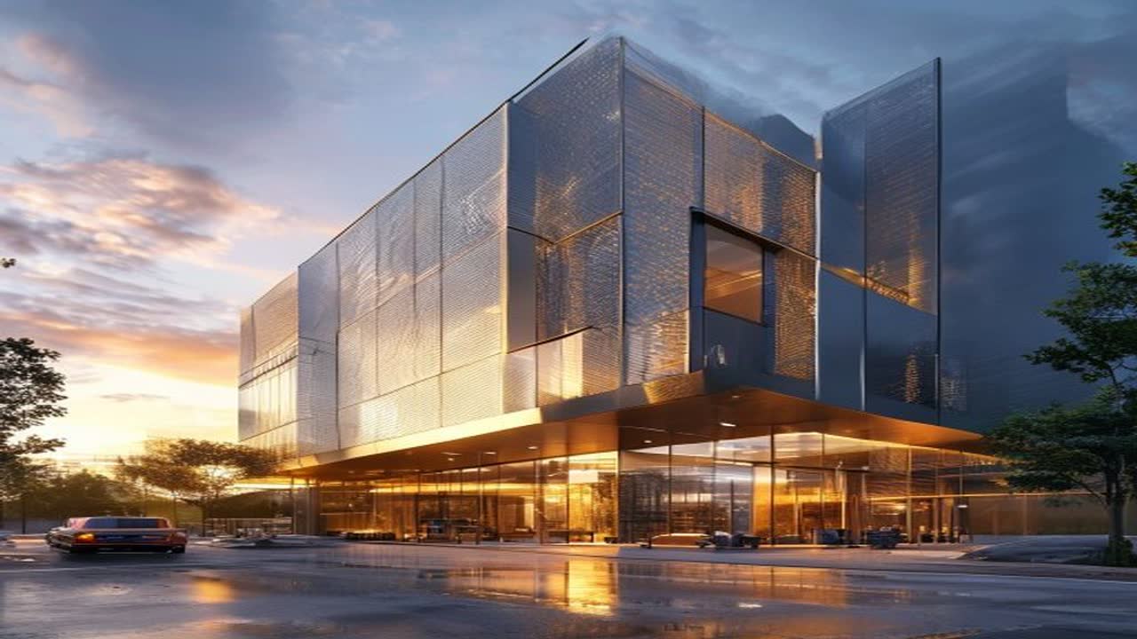 A modern commercial building facade in Ottawa, glass and metal mesh screen wall at dusk.